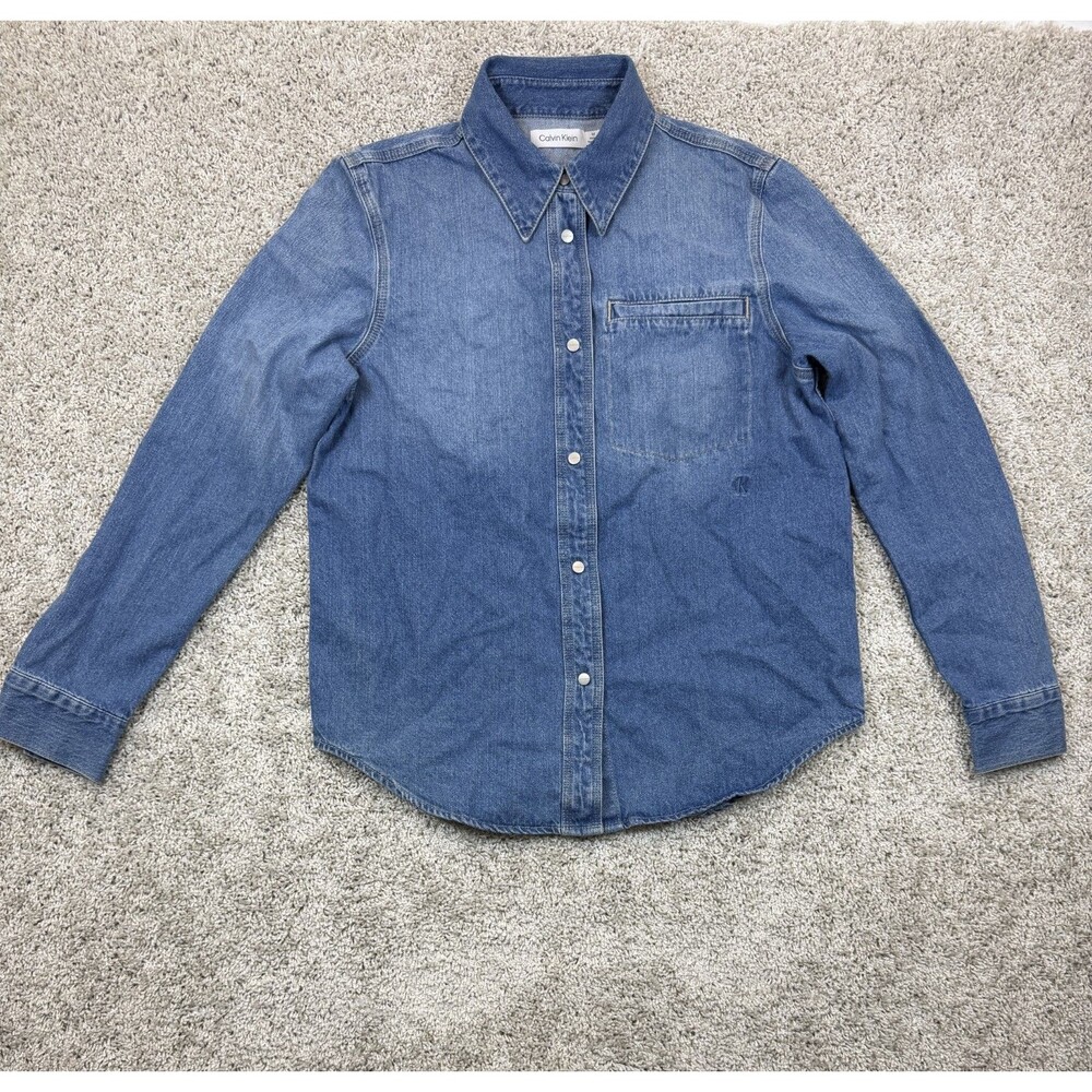Calvin Klein Womens M Blue Denim Shirt Long Sleeve Snap Button 100% Cotton Logo